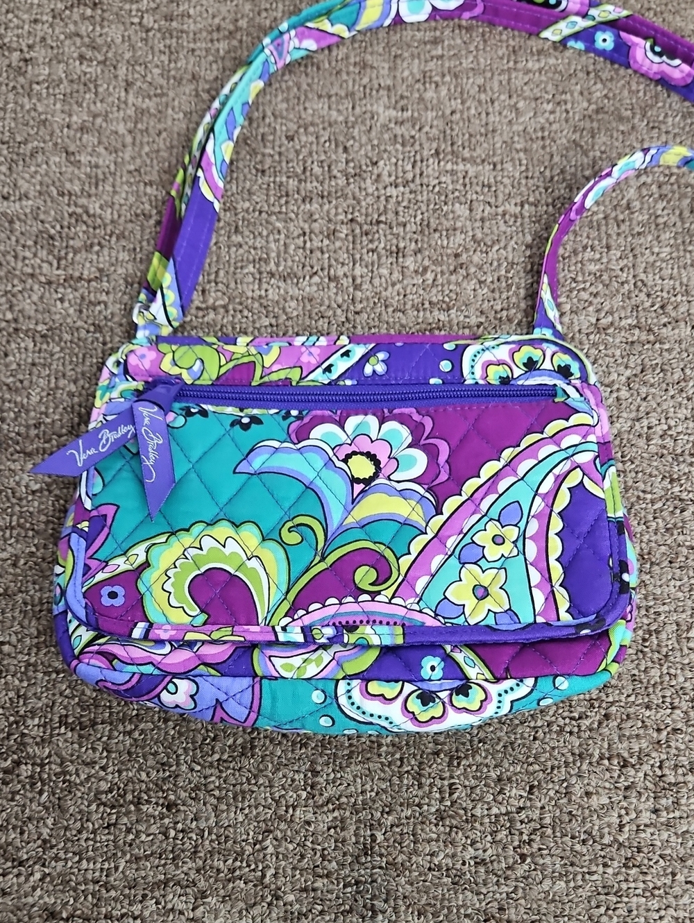 Vera Bradley Mini Heather Purple Teal Floral Paisley Quilted Crossbody Bag 8"x7" - Picture 2 of 5